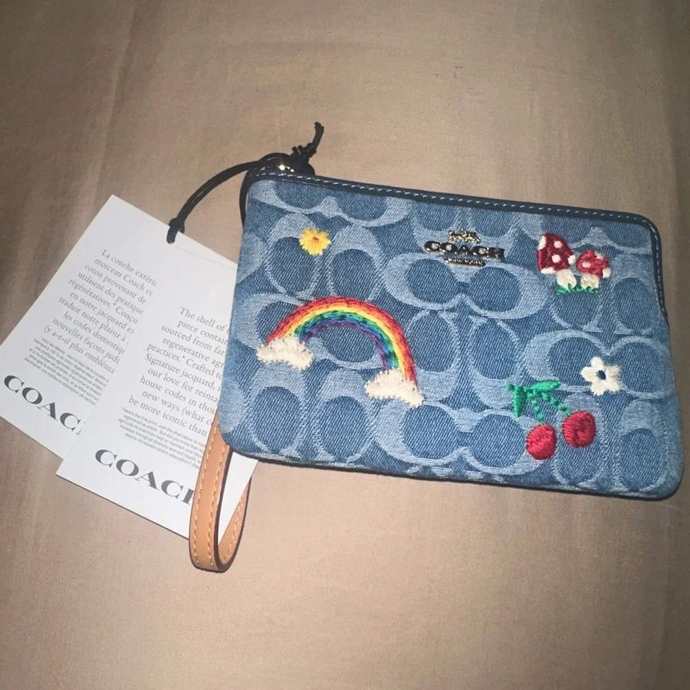 Coach Corner Zip Denim Wristlet with Embroidery